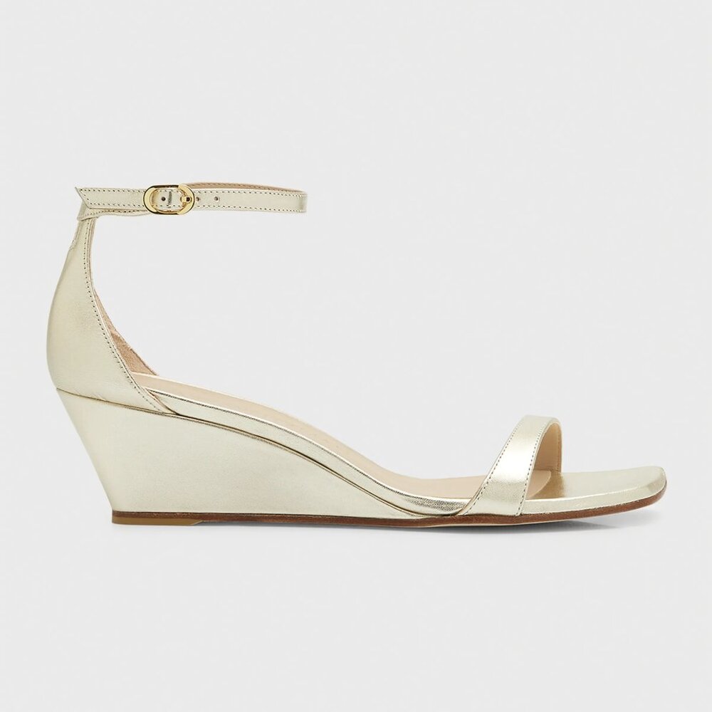 $450 STUART WEITZMAN Nudistcurve Wedge Sandal PLATINO LEATHER 7.5 (DA9)